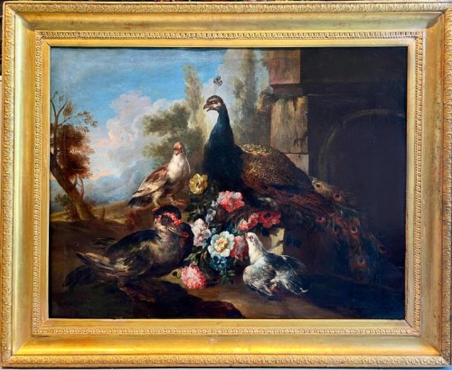 Angelo Maria Crivelli - Colombe paon et canard tenant des fleurs dans un paysage de