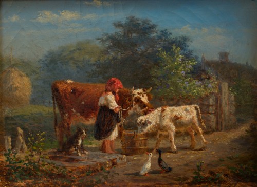 Tableaux et dessins Tableaux XIXe siècle - Gustaf Brandelius (1833 - 1884) - Une jeune femme avec ses animaux