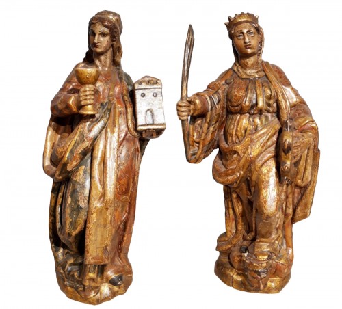 Sainte Catherine d'Alexandrie et Sainte Barbe - Espagne XVIIe siècle