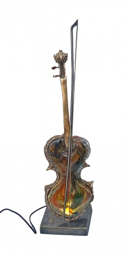 1970/80 Violin Lamp In Bronze And Glass Paste, Sculpture Signed LOHE