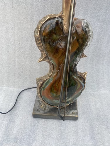 Sculpture Sculpture en Bronze - Lampe violon en bronze et pate de verre signée Yves Lohe circa 1970