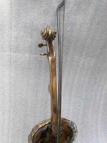 XXe siècle - Lampe violon en bronze et pate de verre signée Yves Lohe circa 1970