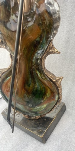 Années 50-60 - Lampe violon en bronze et pate de verre signée Yves Lohe circa 1970