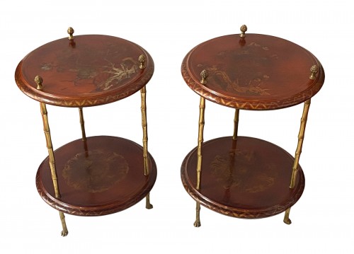 Pedestal Pair Of Table Bamboo Decor Gilt Bronze China  Circa 1950/