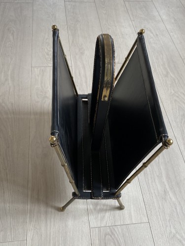 20th century - Jacques Adnet Magazine holder in saddle-stitched leather