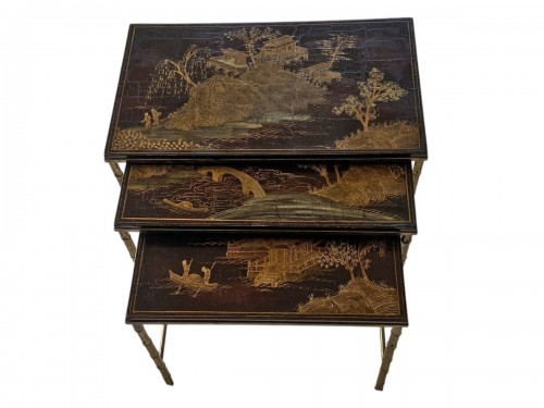 Series Of 3 Maison Baguès Nesting Tables In Gilt And Patinated Bronze 1950'