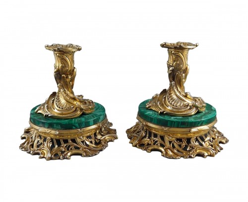 Pair of candlesticks in Sterling Silver gilt and malachite