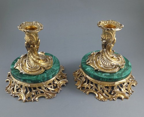 Pair of candlesticks in Sterling Silver gilt and malachite - silverware & tableware Style 