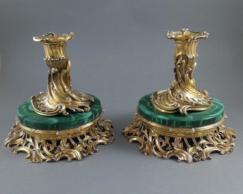 silverware & tableware  - Pair of candlesticks in Sterling Silver gilt and malachite