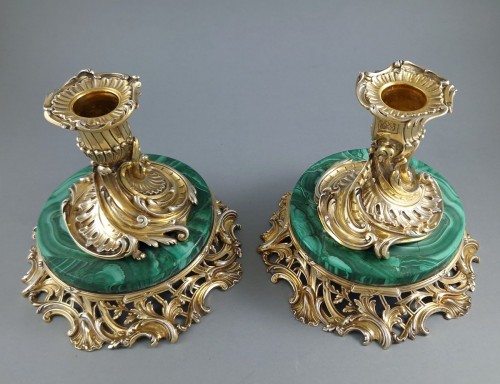 19th century - Pair of candlesticks in Sterling Silver gilt and malachite