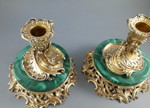 Pair of candlesticks in Sterling Silver gilt and malachite - 