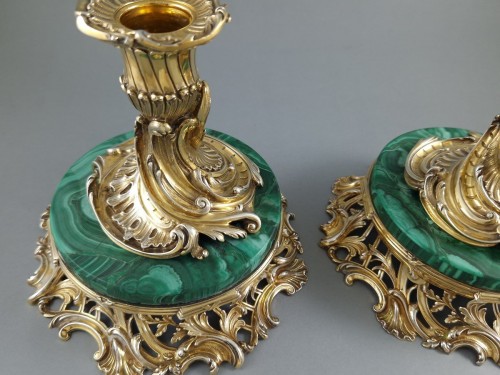  - Pair of candlesticks in Sterling Silver gilt and malachite