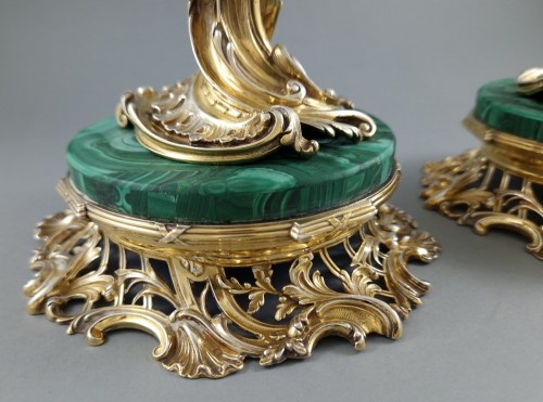 Antiquités - Pair of candlesticks in Sterling Silver gilt and malachite