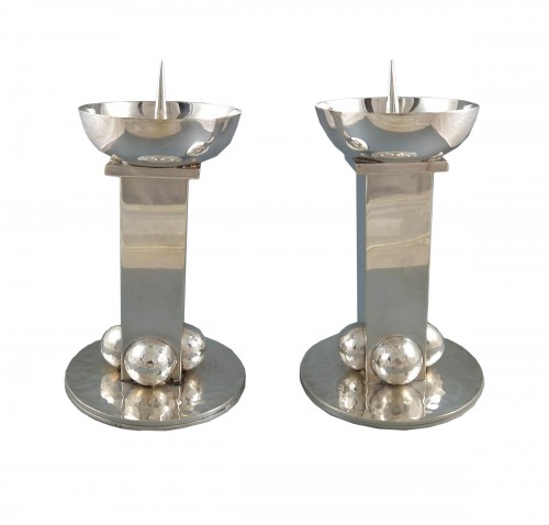 Jean Despres: - Pair Of Silver Plate Candlesticks