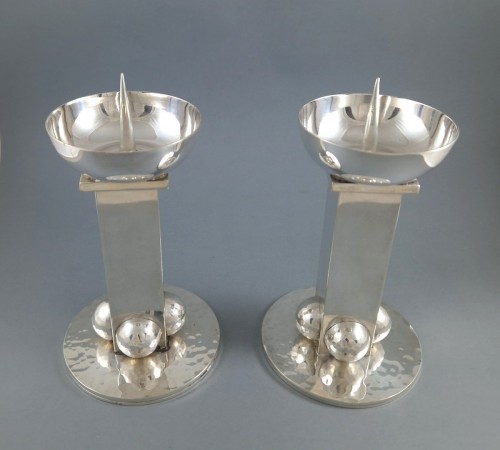 silverware & tableware  - Jean Despres: - Pair Of Silver Plate Candlesticks