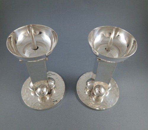 Jean Despres: - Pair Of Silver Plate Candlesticks - 