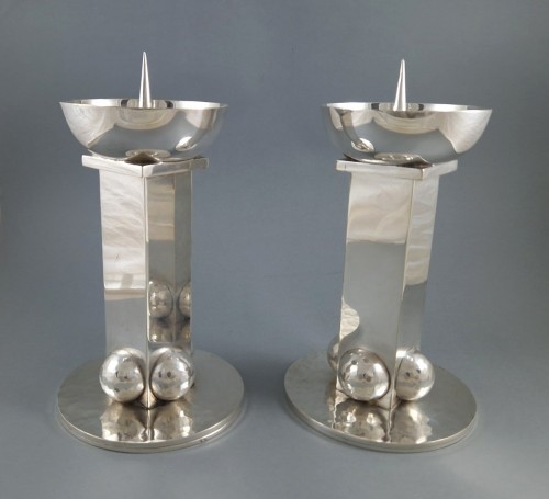 20th century - Jean Despres: - Pair Of Silver Plate Candlesticks