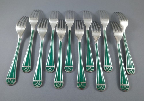 Antiquités - Christofle  - Talisman 60 piece Silver plated Metal And Green Chinese Lacque