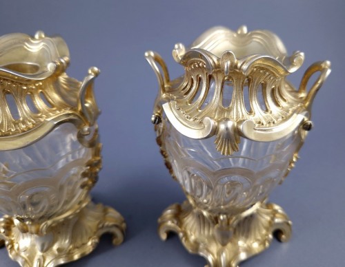 Antiquités - Aucoc - Paire de vases en cristal et vermeil