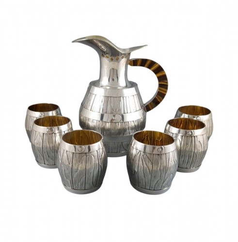 Jug And 6 Glasses In Solid Silver, Gilt And Tiger's Eye