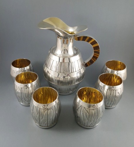 silverware & tableware  - Jug And 6 Glasses In Solid Silver, Gilt And Tiger&#039;s Eye