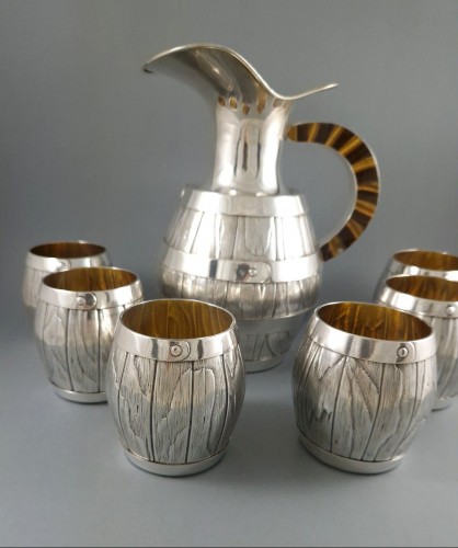 Jug And 6 Glasses In Solid Silver, Gilt And Tiger&#039;s Eye - 