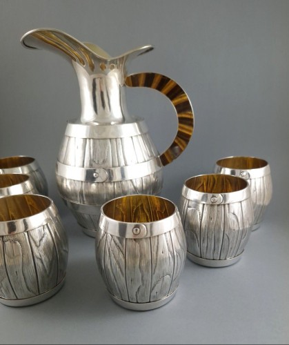 20th century - Jug And 6 Glasses In Solid Silver, Gilt And Tiger&#039;s Eye