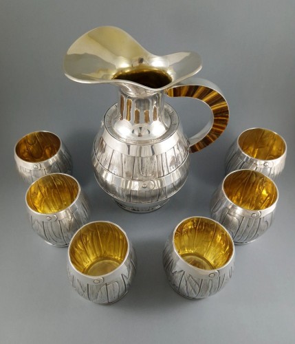 Jug And 6 Glasses In Solid Silver, Gilt And Tiger&#039;s Eye - 