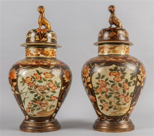 Pair of potiches in lacquered terracotta  - Porcelain & Faience Style Louis XVI