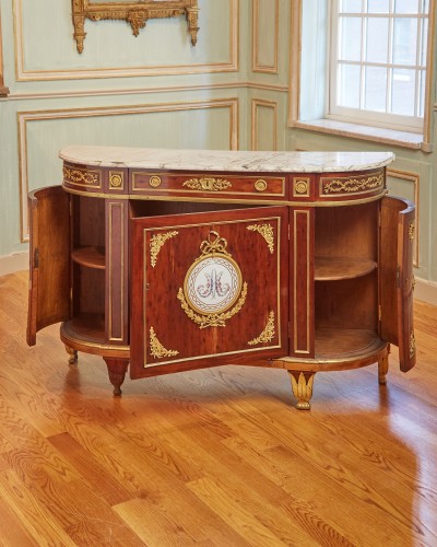 Louis XVI Gilt-Bronze and Porcelain Mounted Plum Pudding Mahogany Cabinet - Furniture Style Louis XVI