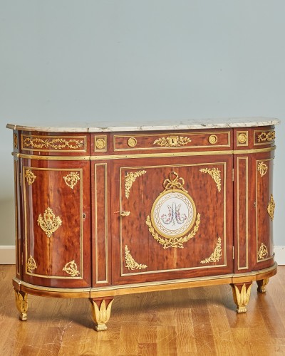Furniture  - Louis XVI Gilt-Bronze and Porcelain Mounted Plum Pudding Mahogany Cabinet
