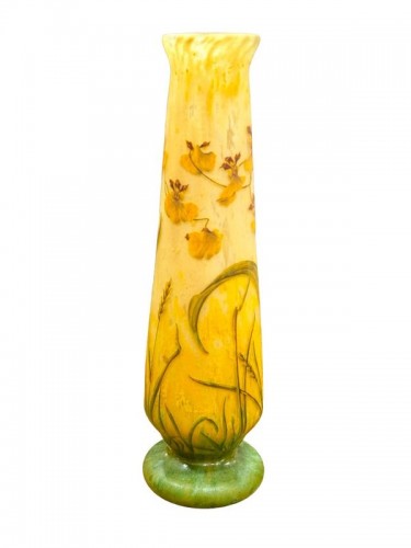 Daum Nancy - Grand vase Art nouveau "Orchidées et épis de blés" - Verrerie, Cristallerie Style Art nouveau