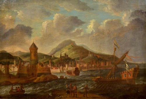 Paire de paysages côtiers, école flamande de la fin du XVIIe siècle  - Tableaux et dessins Style Louis XIV