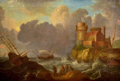 Tableaux et dessins Tableaux XVIIe siècle - Paire de paysages côtiers, école flamande de la fin du XVIIe siècle 