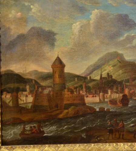 Antiquités - Paire de paysages côtiers, école flamande de la fin du XVIIe siècle 