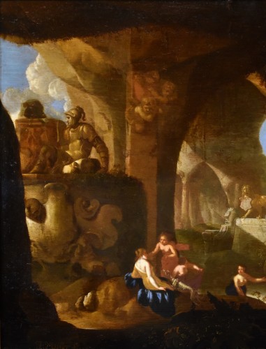 Tableaux et dessins Tableaux XVIIe siècle - Jacques Muller (1630 - 1680) - Diane et les nymphes se baignant dans une grotte