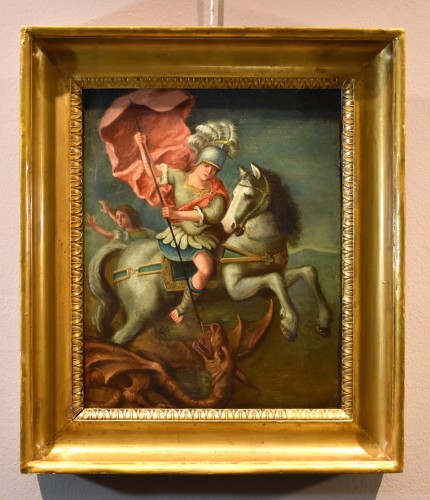 Saint Georges et le dragon, Peintre Romain 17e siècle - Tableaux et dessins Style Louis XIII