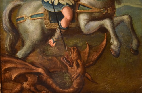 Saint Georges et le dragon, Peintre Romain 17e siècle - Antichità Castelbarco