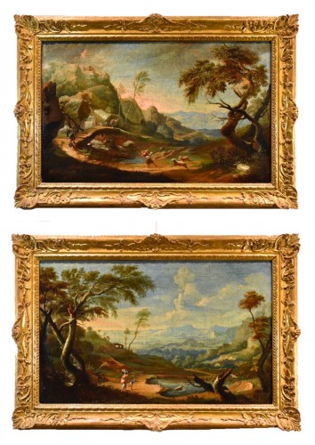 Paire de paysages arcadiens avec personnages, italie 18e siècle