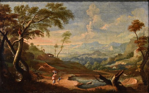 Paire de paysages arcadiens avec personnages, italie 18e siècle - Tableaux et dessins Style Louis XV