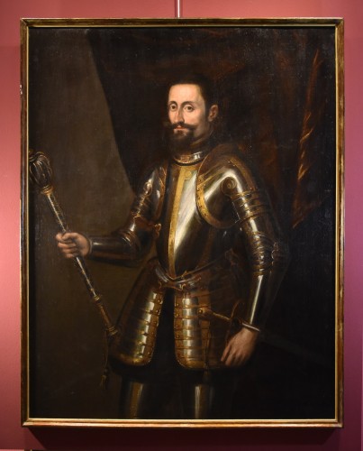 Portrait officiel d'un chevalier en armure, peintre Titianesque de la fin du XVIe siècle - Tableaux et dessins Style Louis XIII