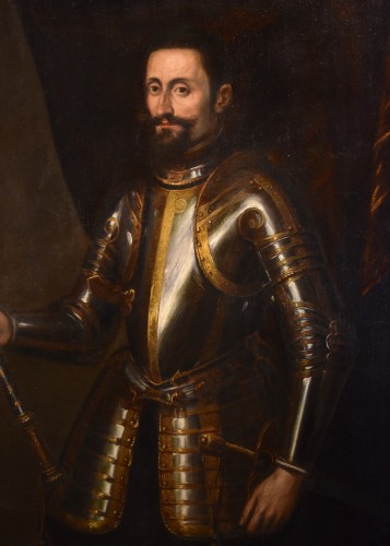 Tableaux et dessins Tableaux XVIe siècle - Portrait officiel d'un chevalier en armure, peintre Titianesque de la fin du XVIe siècle