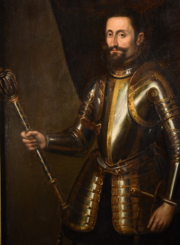 Portrait officiel d'un chevalier en armure, peintre Titianesque de la fin du XVIe siècle - Antichità Castelbarco