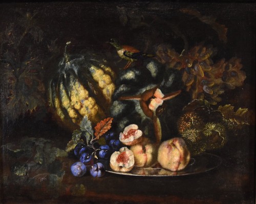 Nature morte aux fruits avec pic vert, attribué à Franz Werner Von Tamm (Hambourg 1658 - 1754) - Tableaux et dessins Style Louis XIV