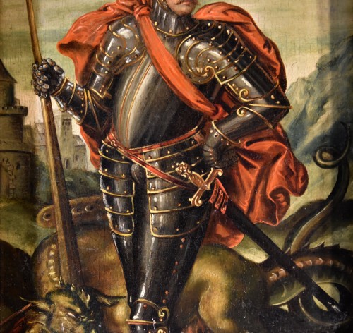 Portrait d'un chevalier en Saint Georges, Peintre flamand du 17e siècle - Antichità Castelbarco