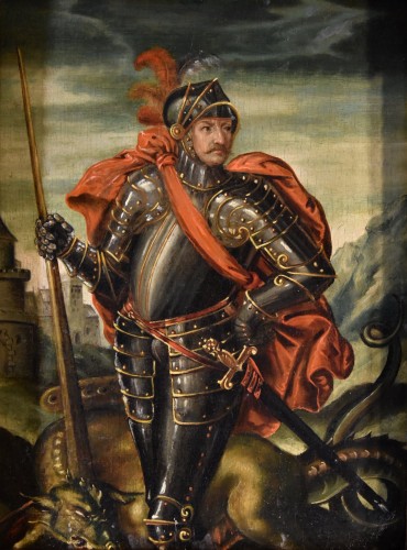 XVIIe siècle - Portrait d'un chevalier en Saint Georges, Peintre flamand du 17e siècle