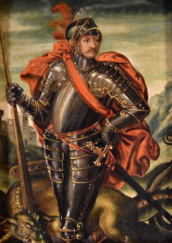 Antiquités - Portrait d'un chevalier en Saint Georges, Peintre flamand du 17e siècle