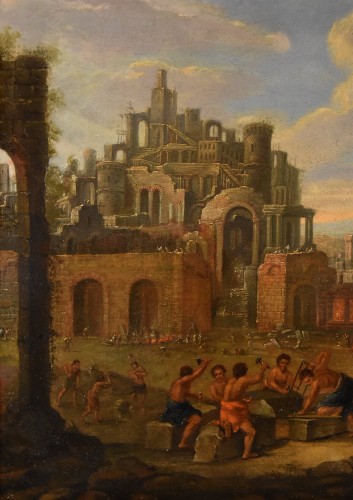 Tableaux et dessins Tableaux XVIIe siècle - Construction de la tour de Babel, Peintre flamand 17e-18e Siècle