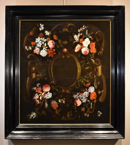 Guirlande De Fleurs Avec Cartouche, Frans Van Everbroeck (1628-1693) - Tableaux et dessins Style Louis XIV