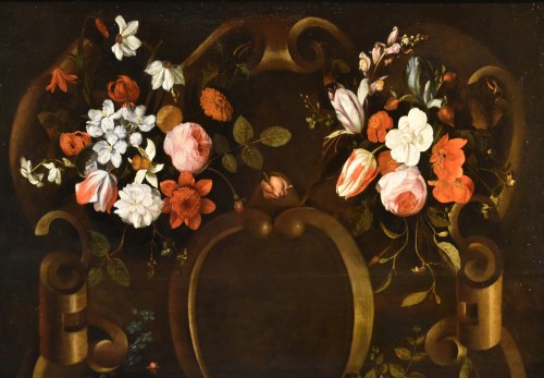 Tableaux et dessins Tableaux XVIIe siècle - Guirlande De Fleurs Avec Cartouche, Frans Van Everbroeck (1628-1693)